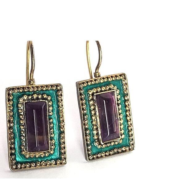 Amethyst Earrings Sterling Artisan Hand Crafted Enamel Pierced Gold Finish - Picture 3 of 10